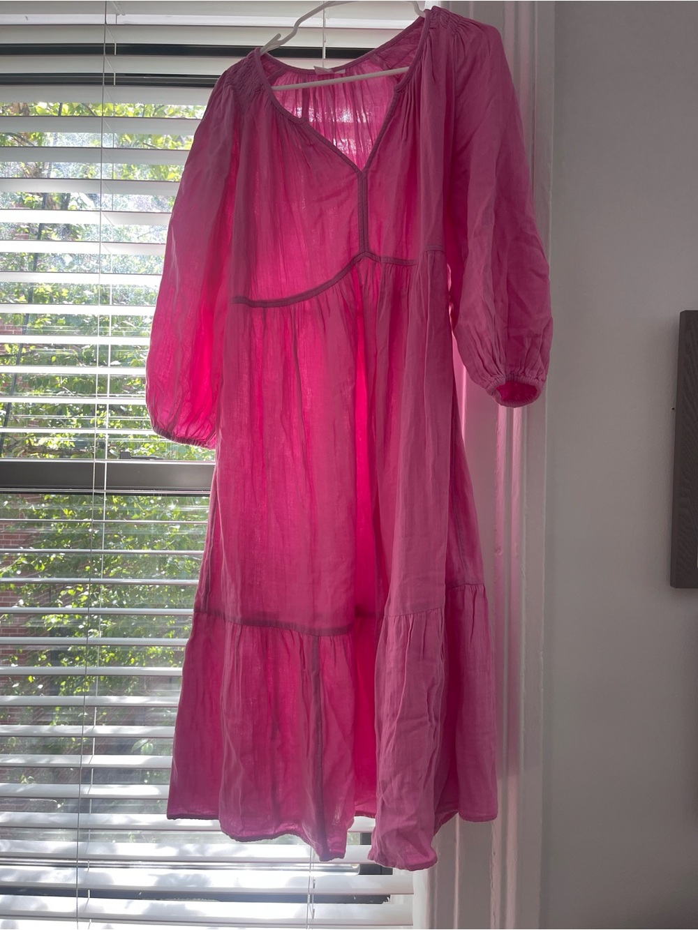 Bright Pink Tiered Gauze Midi Dress